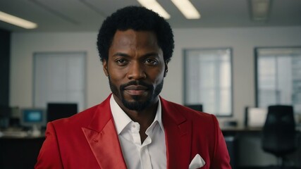 adult black hair african man in red formal attire model portrait looking confident on an office background for ad concept space for text