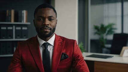 adult black hair african man in red formal attire model portrait looking confident on an office background for ad concept space for text