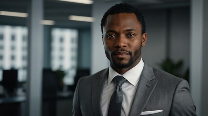 adult black hair african man in gray formal attire model portrait looking confident on an office background for ad concept space for text