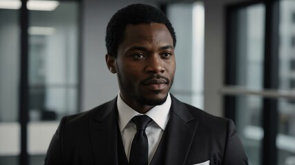 adult black hair african man in black formal attire model portrait looking confident on an office background for ad concept space for text