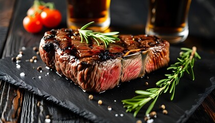 Grilled beef rump steak with rosemary and pepper on a black stone table, accompanied by beer and a close-up of raw fillet tenderloin on a rustic wooden board