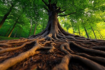 Poster - An ancient tree with sprawling roots, surrounded by a magical forest with soft light filtering through