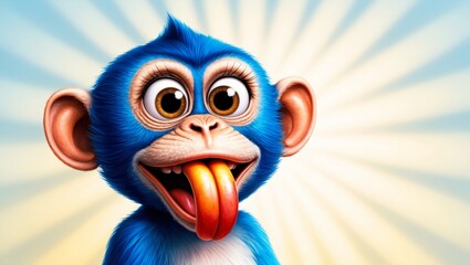 A colorful illustration of a whimsical blue monkey with a comical expression