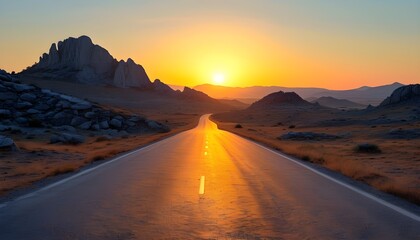 Sunset over a desert road with mountains, rocky terrain, and a serene sky, capturing the essence of summers evening in rural countryside landscapes