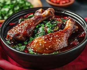 Wall Mural - Braised pork trotters in wine sauce with vegetables at Asian restaurant