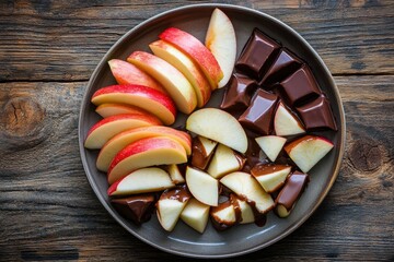 Wall Mural - Caramel and chocolate dipped apple slices on rustic wood from above