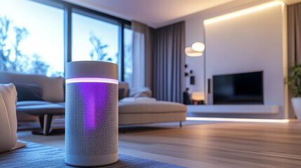 Poster - A modern living room showcases a sleek smart speaker emitting colorful light, set against a backdrop of stylish furnishings and large windows during the evening with soft ambient lighting.
