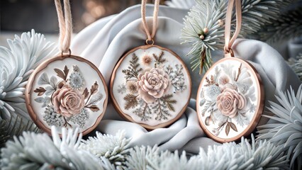 Wall Mural - Handcrafted floral wood slice ornaments with pastel rose designs, displayed on frosted branches with soft winter tones