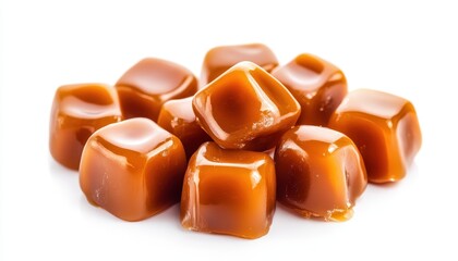 Wall Mural - Caramel candies covered in caramel on white background