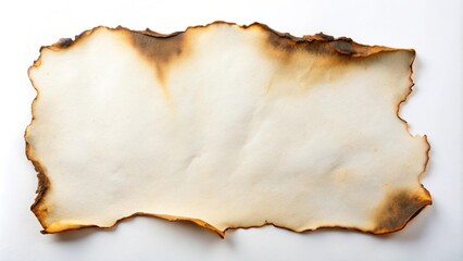 Burnt sheet of paper of white and orange color on white background