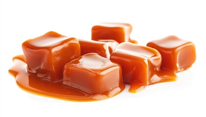 Wall Mural - Close up of caramel candies with sauce on white background