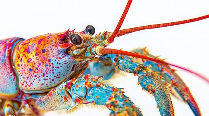 A bright, detailed close-up of a lobster antennae, claws, and shell, with vibrant textures on a white background.