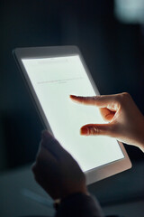 Poster - business, hands and search on tablet screen at night for online research, project deadline and compa