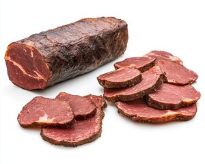 Cold smoked meat slices on white background