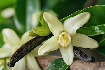 Wall Mural - vanilla flower with pods and leaves.generative ai