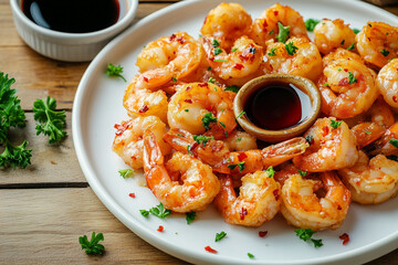 Wall Mural - Creamy garlic fried shrimps sprinkled. Chili and parsley pieces on white plate with soy sauce in small bowl in center, top view