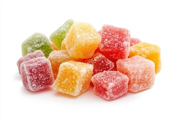 freeze dried fruit flavored candy on white background