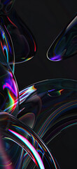 Wall Mural - 3d crystal glass liquid wave with refraction and holographic effect isolated on dark background. Render transparent glass ribbon, fluid splash with rainbow gradient flying in motion. 3d vector figure