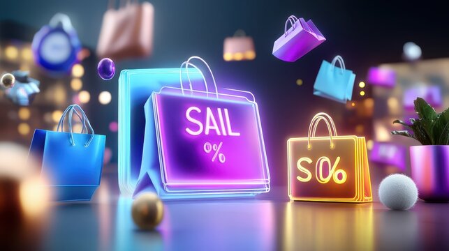 A vibrant Black Friday banner featuring glowing neon sale signs, discount percentages, and flying shopping bags, perfect for energetic promotions.