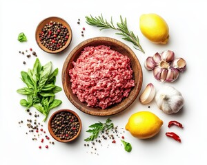 Poster - Fresh raw minced meat and ingredients arranged on white background