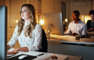 Poster - Business woman, serious and night with computer for management or review in web design studio. Female person, tech and working late on project deadline for digital agency, coworking space and office