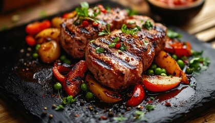 Canvas Print - Grilled pork sirloin with caramelized apple red peppers and pea and potato salad