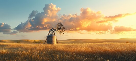 A wind-powered water pump, with a windmill-style turbine pumping water into a storage tank