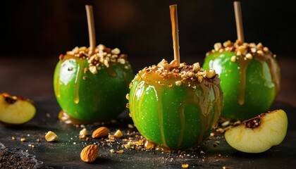 Poster - Homemade caramel apples on a stick with green apples caramel sauce nuts and Halloween decoration in a rustic style Traditional fall treat