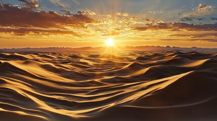 Golden sunlight spills across rolling sand dunes at sunset, creating a breathtaking view of nature\'s beauty in the desert