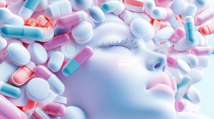 Sticker - A woman's head is surrounded by pills and capsules, AI