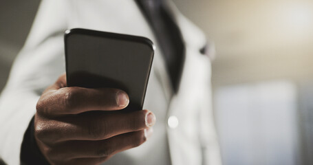 Poster - Hands, man and phone in office for business, email and checking finance online. Businessman, mobile and closeup in workplace for communication, trading and account management or internet banking