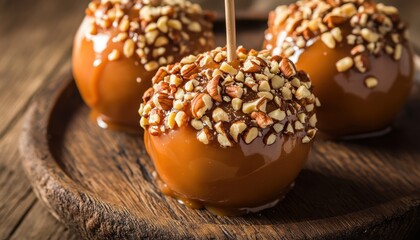 Wall Mural - Macro shot of nut covered caramel apples on wooden plate with rustic backdrop