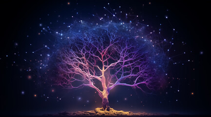 Wall Mural - Tree in dark magical background with glowing purple lights