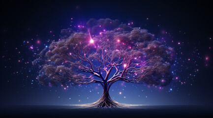 Wall Mural - Tree in dark magical background with glowing purple lights