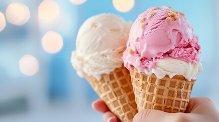 Poster - Two ice cream cones are held in the hands of a person, AI