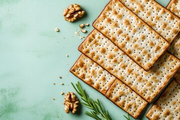 Matzah red kosher and walnut on green background Passover tradition and food for Pesach holiday in spring