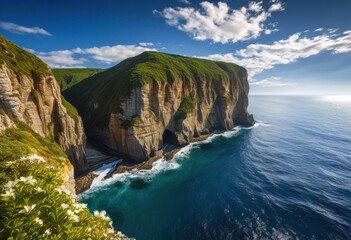 majestic cliffs towering over serene ocean waves under clear blue sky, beach, coastline, shore, rocks, water, landscape, sea, horizon, scenery, marine