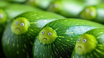 Canvas Print - A row of green vegetables with faces on them, AI