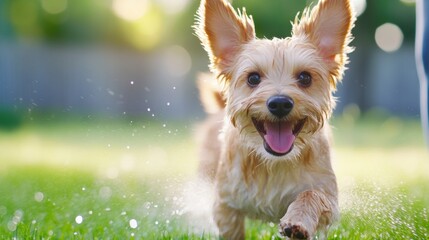 Sticker - A small dog running through a field of grass with its tongue out, AI