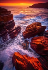 Wall Mural - vibrant sea cliffs surrounded crashing waves dusk rich colors sunset reflecting water, beach, coastline, ocean, landscape, rocks, horizon, sky, clouds