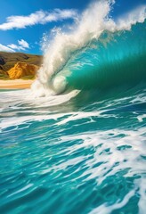 dynamic ocean waves crashing vibrant shoreline bright sand lively colors, beach, sea, water, foam, blue, green, sky, clouds, light, reflection, coast