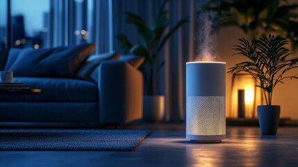 Fototapete - A sleek air purifier releases a gentle mist in a stylish living room illuminated by soft lighting. Comfortable seating and plants enhance the relaxing atmosphere during the evening.