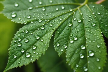 closeup green leaf with drops of water