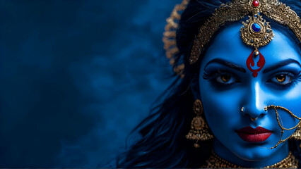 Indian Goddess Kali Maa on dark blue background. Goddess Durga Face. Religious festival of Hinduism Kali puja or Shyama Puja