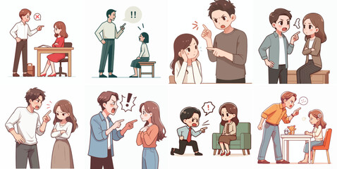 Canvas Print - vector set of a guy scolding his girlfriend in a flat design style