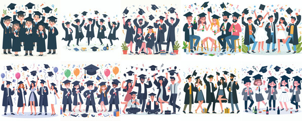 vector set of graduates celebrating graduation with a simple and minimalist flat design style. white background