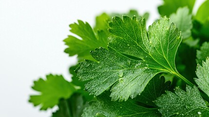 Sticker -   A close-up image of a leafy plant with water droplets on its leaves against a white wall background