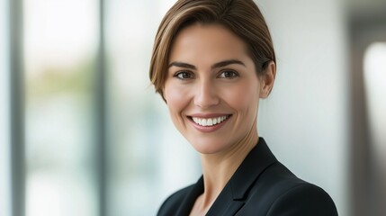 Successful businesswoman beams with joy in a modern office building, exuding professionalism and elegance against the city backdrop