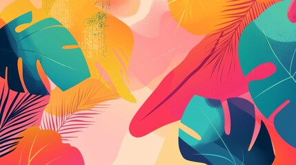 Immerse in lush tropical beauty with captivating abstract background of colorful palm and monstera leaves, perfect for adding paradise touch to projects