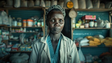 Woman standing inside a small shop filled with various goods in a rural community, during the day